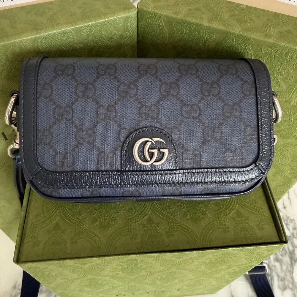 Gucci Ophidia Super Mini Shoulder Bag Navy Blue GG Supreme canvas, NEW 795466